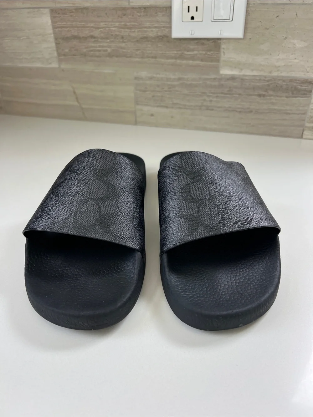 Coach signature charcoal grey black logo coated canvas open toe slides sandals